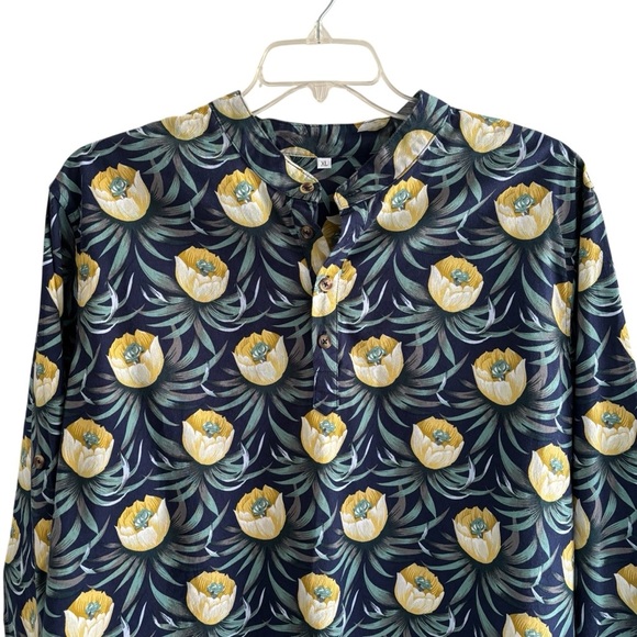 Floral Linen Blend Popover Blouse Size XL Roll Tab Sleeve Casual - Picture 4 of 16